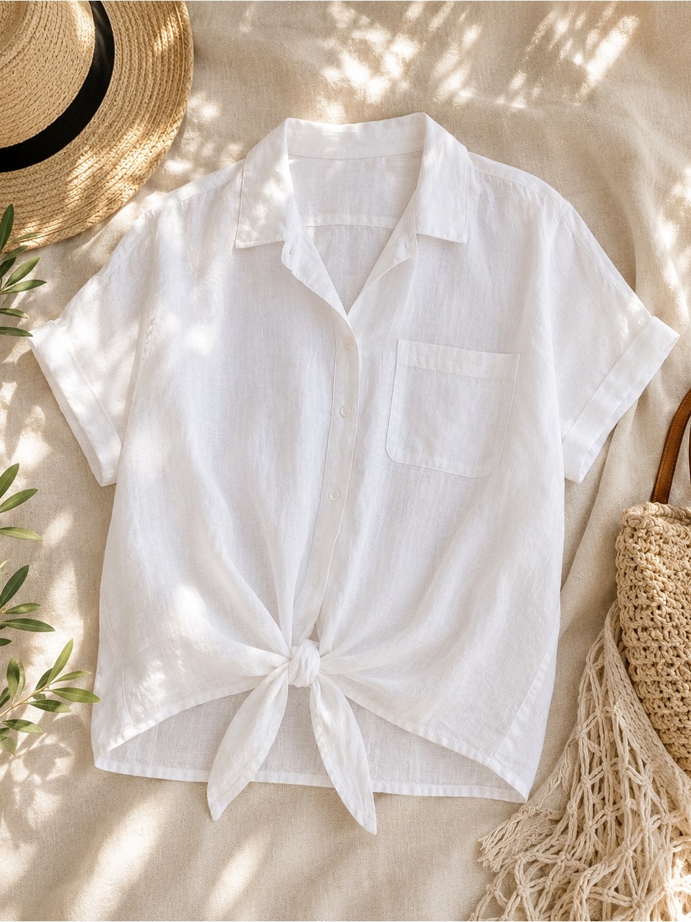 Charter Club Luxury 100% Linen White Tie Front Button Up Top Medium